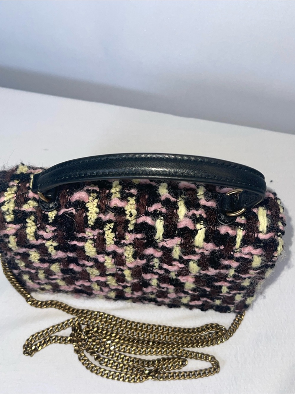 Tory Burch Kira Tweed Mini Flap Chain Shoulder Bag Pink Black Wool Crossbody - Picture 6 of 13